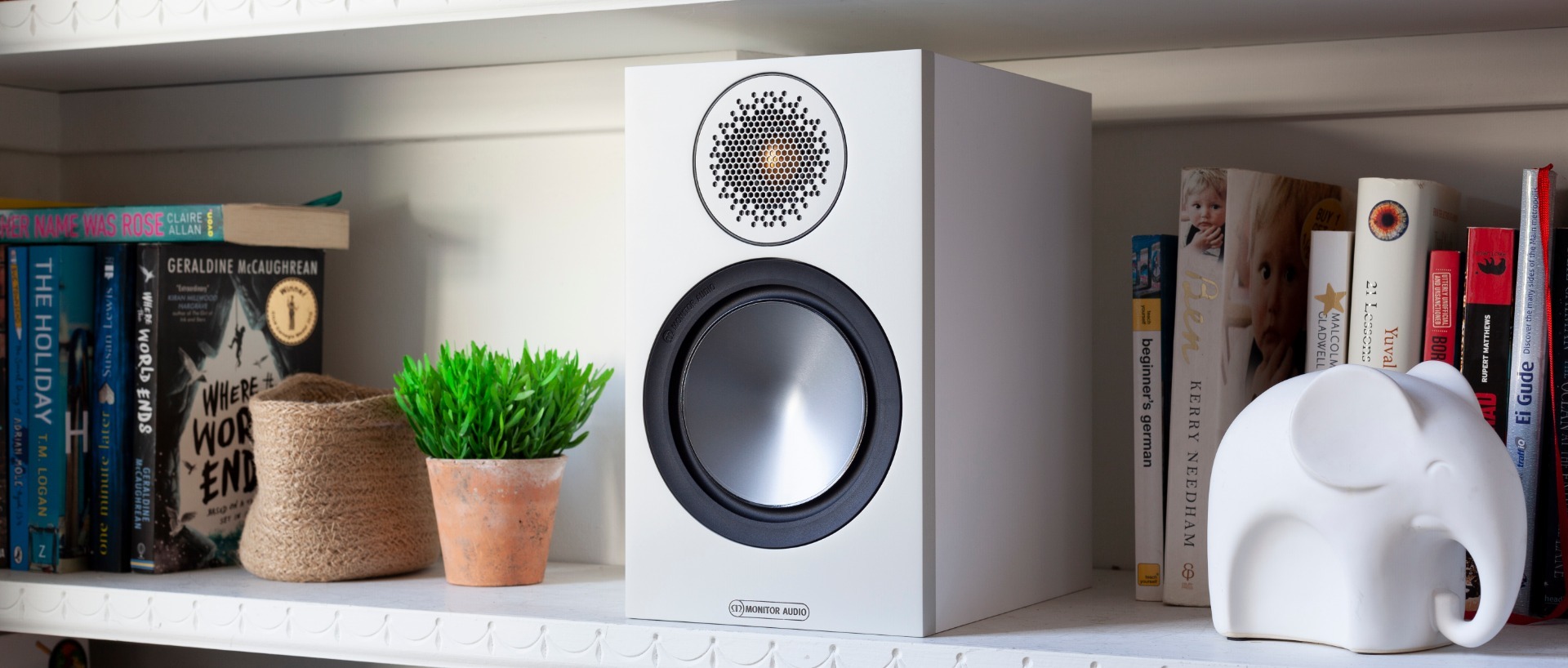 Monitor audio Bronze 50 on shelf with Elephant